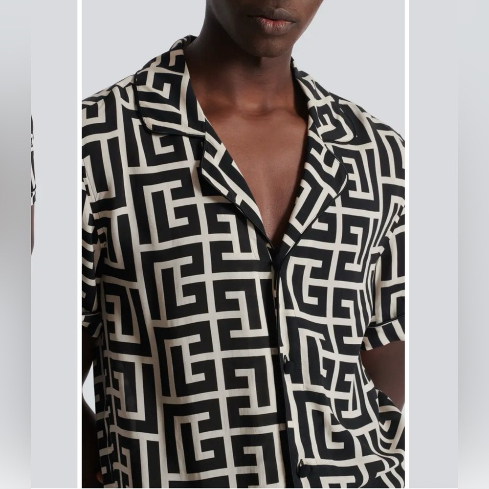Balmain Paris Monogram Silk Shirt – Black & White Geometric – Size M